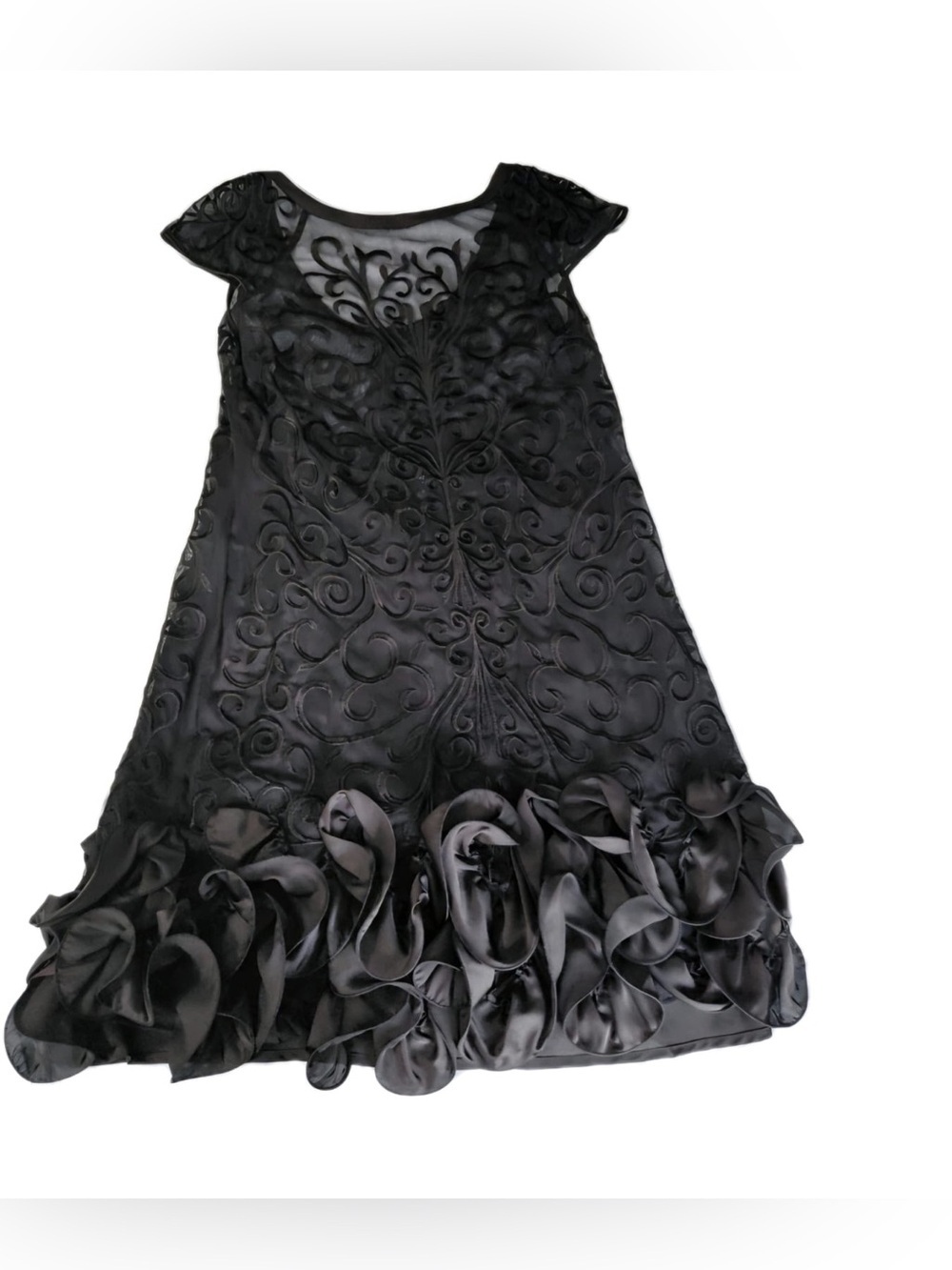 GUESS Black Embroidered Mesh Cocktail Dress with Rosette Hem - Size 10